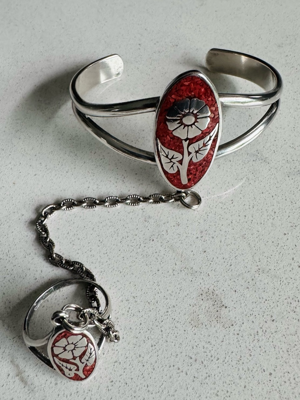 G&S Vintage 1987 Silver Bracelet Ring Hand Chain Set Orange Flower Boho Biker